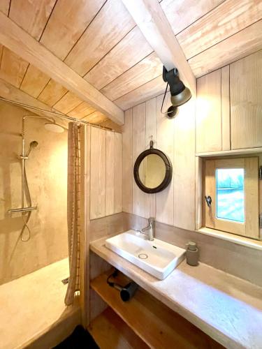 une salle de bain avec un lavabo et un miroir dans l'établissement Ecogîte Lalalandes Aveyron, à Les Bouygues