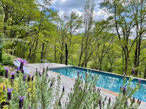 a swimming pool in the middle of a garden with flowers at Ecogîte Lalalandes Aveyron in Les Bouygues