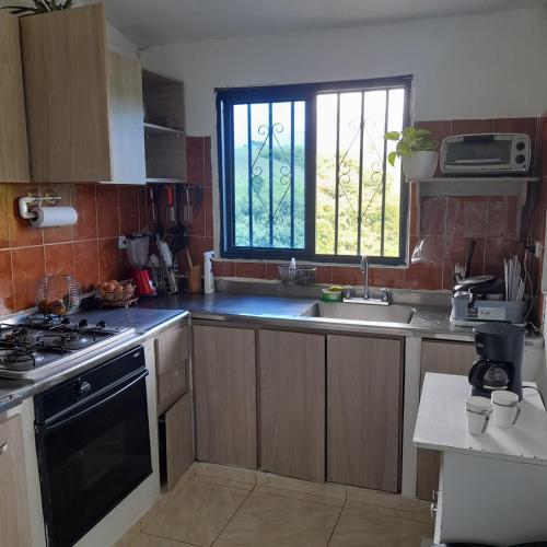 a kitchen with a sink and a stove and a window at Casa Alto Bonito in Quimbaya