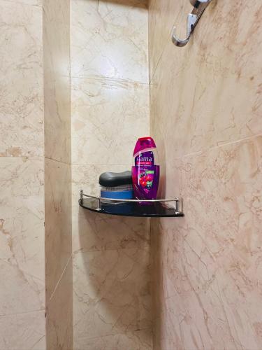 un estante en un baño con una fregona rosa en Heron Hideaway 2BHK Modern AC Flat in Wakad Pune, en Méribel Village