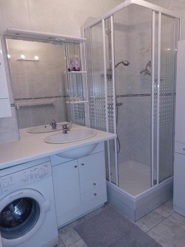 une salle de bain avec douche et lavabo et une machine à laver dans l'établissement T2 Esplanade de la Mer, à Saint-Hilaire-de-Riez