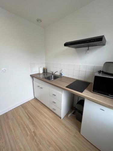 une petite cuisine avec un évier et un micro-ondes dans l'établissement Parfait F1, Entrée du Havre #4, au Havre