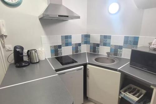 Il comprend une petite cuisine avec un évier et un comptoir. dans l'établissement Parfait F1, Entrée du Havre #9, au Havre