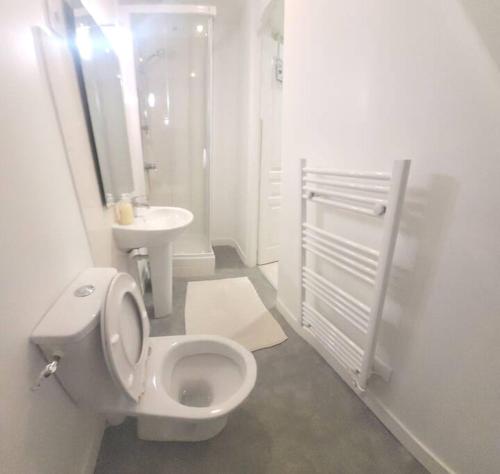 une salle de bain blanche avec des toilettes et un lavabo dans l'établissement Parfait F1, Entrée du Havre #9, au Havre
