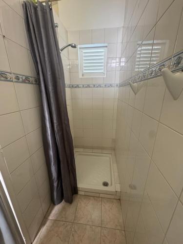 a bathroom with a shower with a shower curtain at Les marches de Paulina in Sainte-Luce