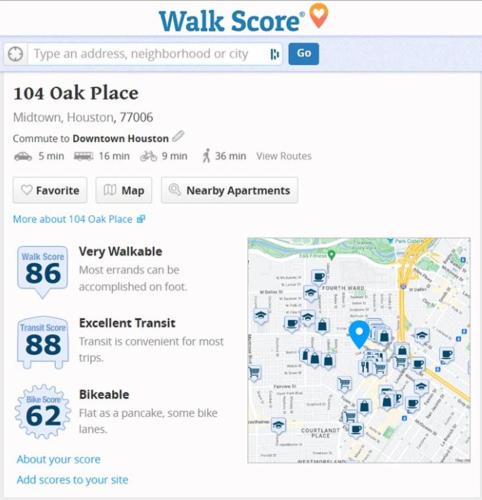 a screenshot of a walk score on a website at MyCrib Houston Hostel in Houston