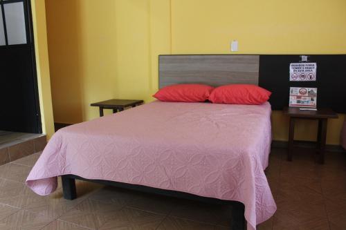 a bedroom with a bed with two red pillows at El Rincón Preferido in Papantla de Olarte