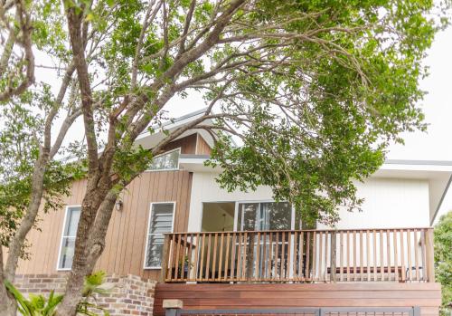 a house with a deck and a tree at Port Kembla Laneway Cottage in Port Kembla