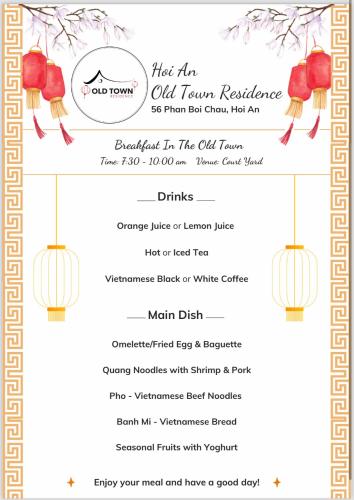 a menu for an old town restaurant with red apples at Hoi An Old Town Residence - 56 Phan Boi Chau, Hoi An in Hoi An