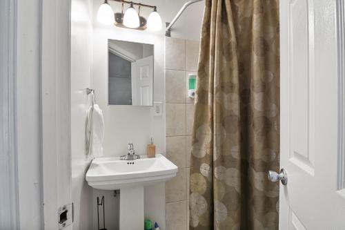 a bathroom with a sink and a shower curtain at USNA Home In Downtown Annapolis in Annapolis