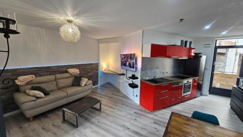 un salon avec un canapé et une cuisine dans l'établissement Le Charme et Confort Saint -Sévère T3 Vienne, à Vienne