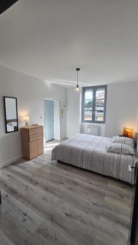 une chambre avec un lit et une commode et deux fenêtres dans l'établissement Le Charme et Confort Saint -Sévère T3 Vienne, à Vienne