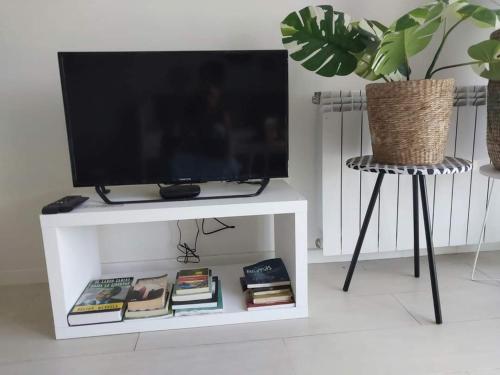 a tv sitting on top of a white tv stand at Férias de Sonho in Arcos de Valdevez