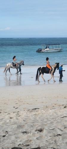a group of people riding horses on the beach at Mambo Cabana in Pwani Mchangani