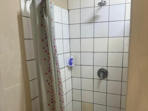 a bathroom with a shower with a white tiled wall at Hluzu Guest House in Hluhluwe