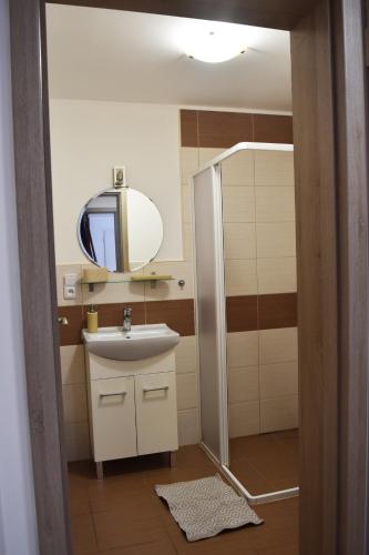 a bathroom with a sink and a mirror at Ubytování u vinaře in Břeclav