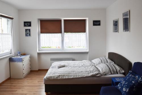 a bedroom with a bed and two windows at Ubytování u vinaře in Břeclav