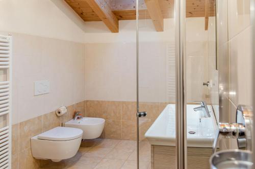 a bathroom with a shower and a toilet and a sink at Parndlehof in Villandro