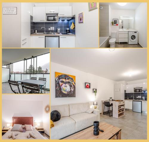 a collage of photos of a living room and kitchen at Le 1848 I T2 I Cluses in Cluses