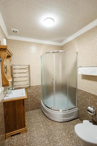 a bathroom with a glass shower and a sink at Zatyshok nad Prutom in Bukovel
