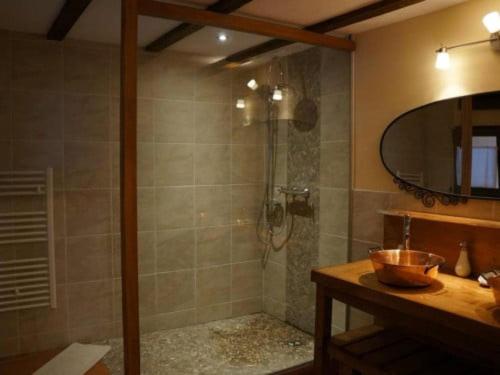 a bathroom with a shower with a sink and a mirror at Gîte d'Amandine in Muttersholtz