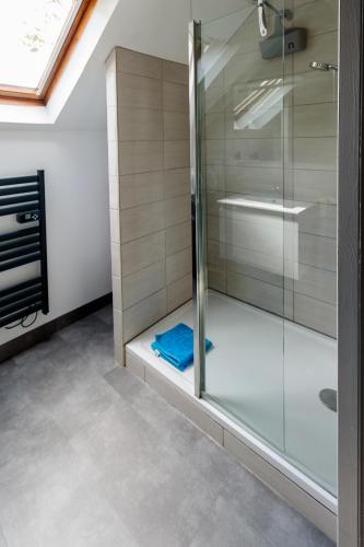 une douche avec une porte vitrée dans une salle de bain dans l'établissement Villa de la plage, à Saint-Brévin-les-Pins