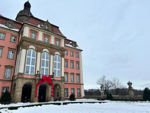 a large building with a red bow on it in the snow at Sielanka Chwaliszów dom całoroczny in Chwaliszow