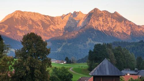 a view of a mountain range with a house in the foreground at Haus Obermaiselstein in Obermaiselstein