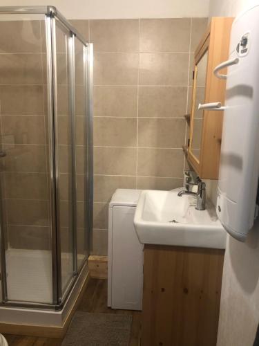 une salle de bain avec douche et lavabo dans l'établissement Le refuge, à Saint-Jean-Saint-Nicolas