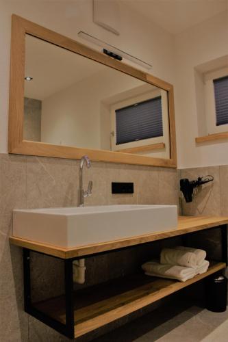 a bathroom with a sink and a mirror at Appartement Steger in Mittersill