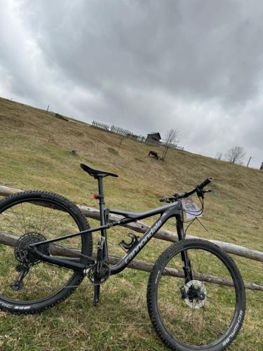 a bike parked next to a fence in a field at Casa Viorica- Pleta in Cîrlibaba