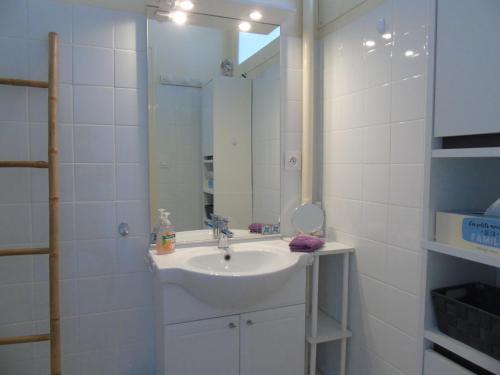 une salle de bain avec un lavabo et un miroir dans l'établissement Les Pampres, à Saint-Jean-de-Monts