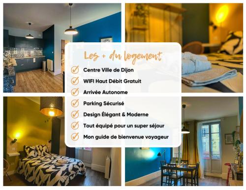 un collage de photos d'une pièce avec un panneau dans l'établissement Le Dormeur du Val - Centre l Wifi l Parking, à Dijon