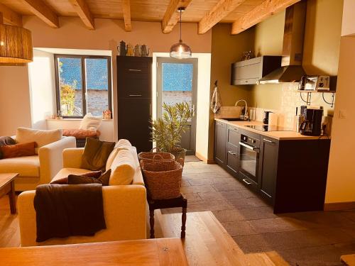 Il comprend un salon avec des canapés et une cuisine. dans l'établissement Maison authentique au cœur des montagnes, 8pers, à Thiézac