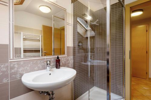 a bathroom with a sink and a shower at Ferienwohnung Lavendel Thalerhof in Ponte Nova