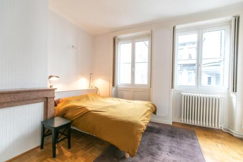 une chambre avec un lit et deux fenêtres dans l'établissement Appartement Haussmannien Centre Ville, à Besançon