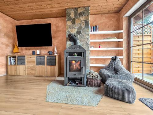 a living room with a fireplace and a tv at Apartment Joelle mit Sauna, Schwimmteich und Gym in Erbach im Odenwald
