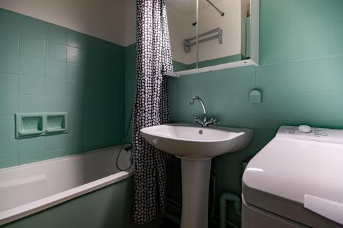 une salle de bain verte avec un lavabo et une douche dans l'établissement Studio Balcon avec Parking securisé, à Montreuil