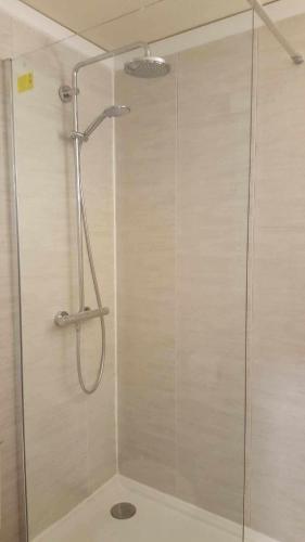 une douche avec une porte vitrée dans une salle de bain dans l'établissement Au pied des pistes, à Villard-de-Lans