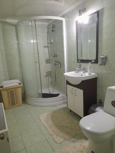 a bathroom with a shower and a sink and a toilet at Dlya Vseh Motel in Kamianets-Podilskyi