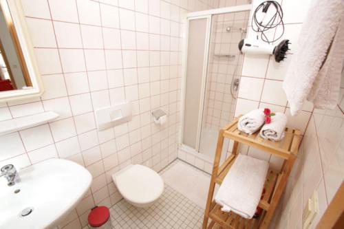 a white bathroom with a toilet and a sink at Landhaus Kauderer - Wohnung 1 in Waging am See