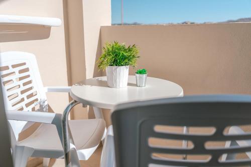 a small white table with a plant on it at Port Europa in Calpe