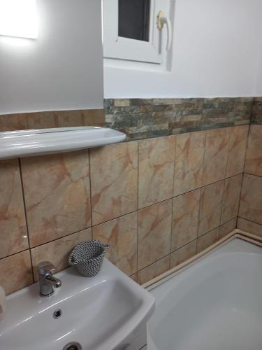 a bathroom with a sink and a bath tub at Nova Montan Azuga in Azuga