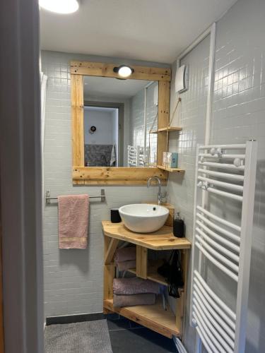 une salle de bain avec un lavabo et un miroir dans l'établissement Studio climatisé avec terrasse dans Villa au calme, à Nice