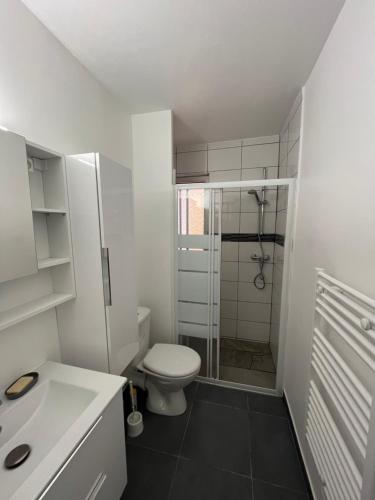 une salle de bain blanche avec toilettes et douche dans l'établissement Appartement Caroline Proche mer & ville CALVI, à Calvi