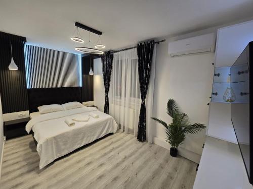 a bedroom with a bed and a plant in it at AIM & Residence in Piteşti
