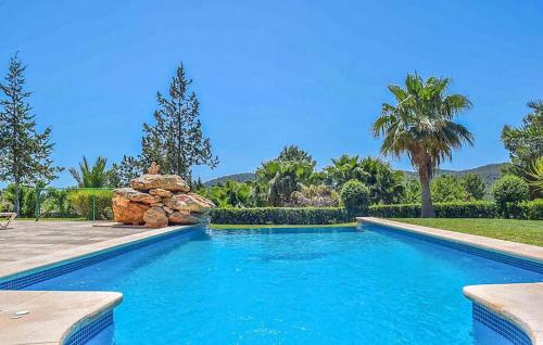 een zwembad in een tuin met een palmboom bij Villa The Pond in Sant Josep