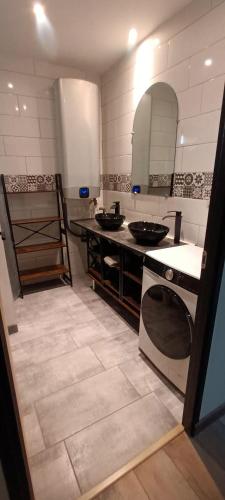 La cuisine est équipée d'une cuisinière et de 2 lavabos. dans l'établissement appartement 5 personnes à la montagne, à La Plagne Tarentaise