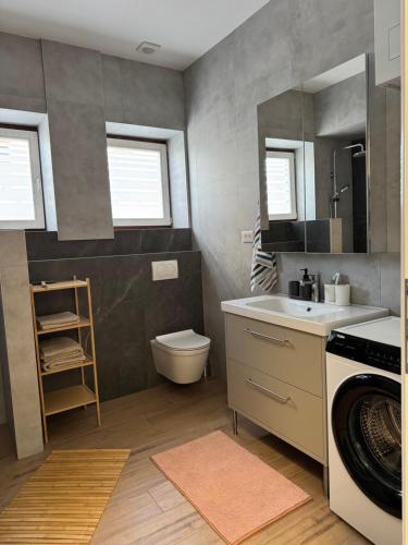 un bagno con lavandino e lavatrice di Apartment Lola Brand New, Self check-in 0-24, Free parking a Karlovac