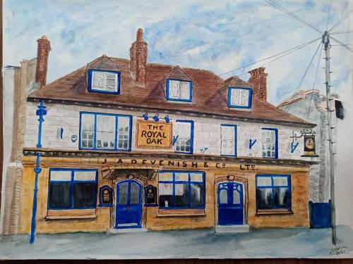a painting of a building with a sign on it at The Royal Oak in Weymouth